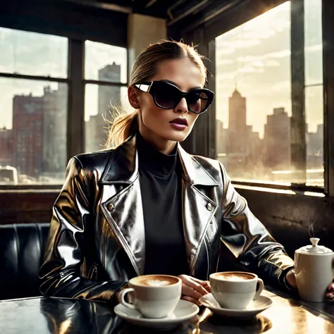 A stunning Vogue fashion photoshoot by Steven Klein, featuring a model exuding effortless elegance as she sips her morning coffe...