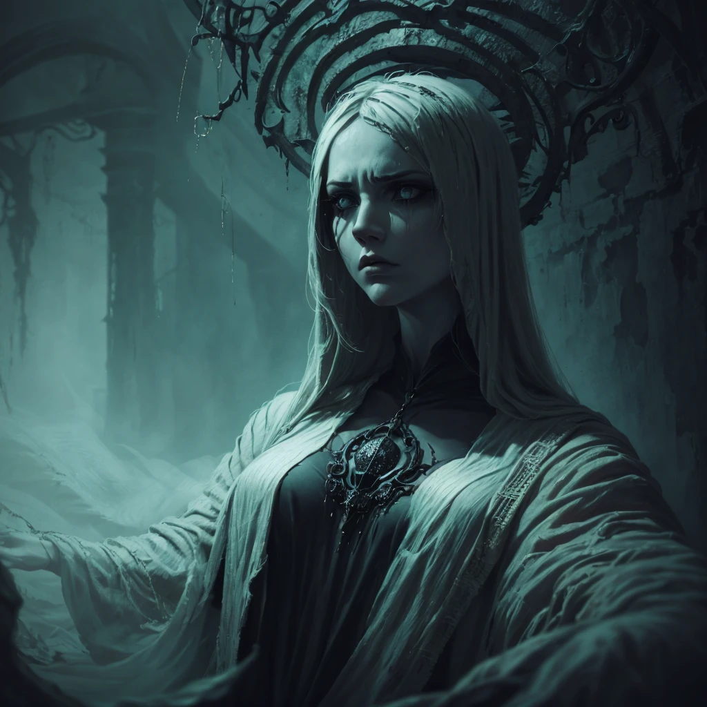 a ghostly, haunting, aesthetic nightmare, 1 woman, detailed face, melancholic expression, dark smoky atmosphere, moody lighting, intricate details, cinematic composition, dark fantasy, surreal, digital art