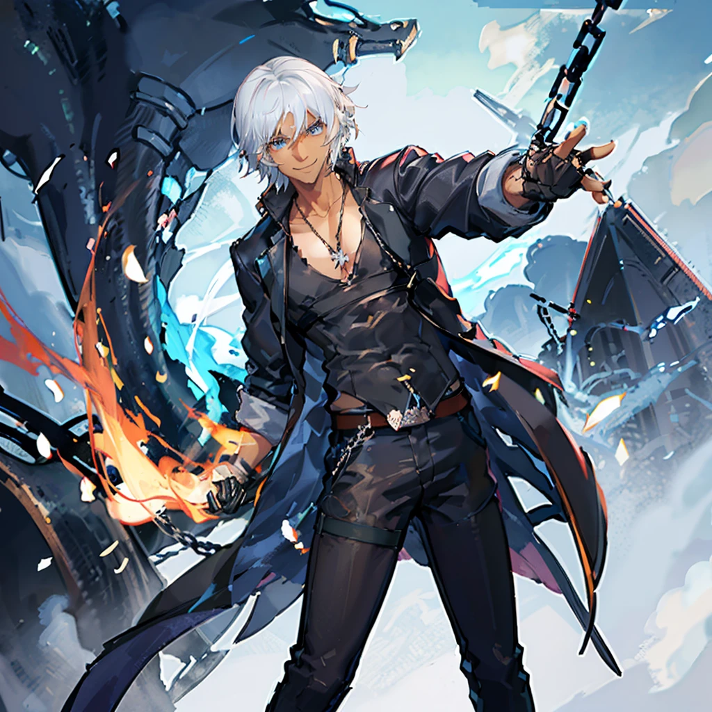 A Dark skinned young anime man, side swept silver hair, fiery light blue eyes, producing blue fire out of his fist, wearing a blue combat trench coat over a black tank top with black slacks and a chain on the hip, steel necklace with a blue dragon pendant around his neck, with sleeves rolled up to his elbows and a cocky smile