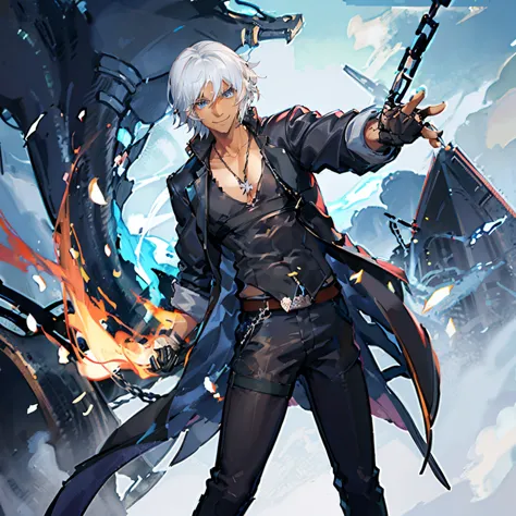 A Dark skinned young anime man, side swept silver hair, fiery light blue eyes, producing blue fire out of his fist, wearing a bl...