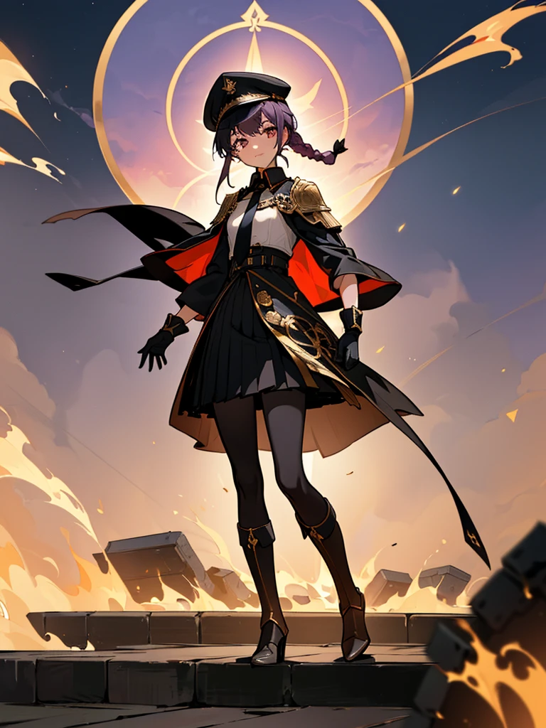 realisitic, City Deserted, Pile of rubble, Brick building, a one woman (18 years old, far away blackw hair, far away slits, Eyes red, glare eyes, 精致的面容, standing (In floor, feet shoulder-width apart), Lolita style military uniform (blackw base, Red Insert, golden decoration, volantes, wide sleeves, dainty and delicate detailing armors), blackw far away gloves (blackw, Red Insert, golden decoration, small hands, armors), blackw far away gloves, knee high boots (blackw, high-heels, red soles), ha (blackw, aba dourada, shield emblem, delicate details), arms in front, Front of belly, Holding military swords with both hands (blackw, golden decoration, delicate detail, Handle at the top, Ground-facing blade, in front of the body, far away), night sky (blackw, stele, Increased flames and smoke), Pale painting style, One Girl, super high quality, Super Detail, Super Detailed image, long hair, looking at viewer, skirt, shirt, hair ornament, violet eyes, gloves, round glasses, long sleeves, hat, closed mouth, jacket, violet hair, braid, open clothes, necktie, black gloves, black skirt, uniform, single braid, open jacket, black jacket, black headwear, 手链, peaked cap, black necktie, cropped jacket, military hat, pantyhose, Flat Chest, smile, Black Cape