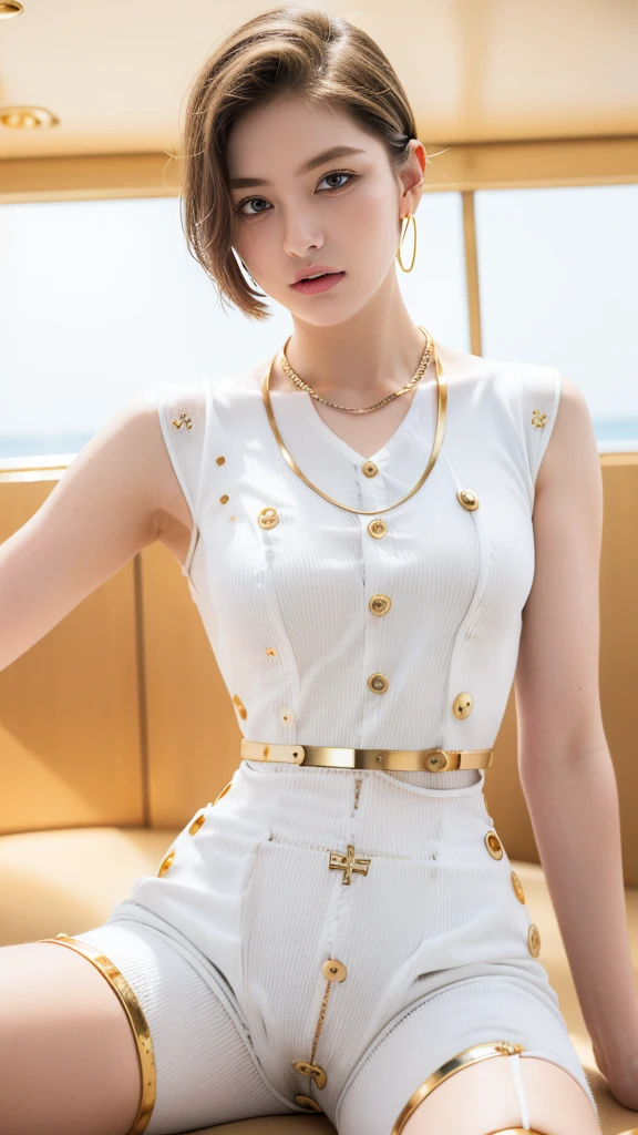 (masterpiece, best quality, beautiful and aesthetic:1.3), 1 Girl, Solitary, (White waist suit、Gold-tone buttons:1.6)，White trousers，Have abdominal muscles，A faint smile, Model pose, Looking at the audience, Android 18, (White short hair:1.6), blue eyes, eyelash, Hoop Earrings, necklace, On the yacht