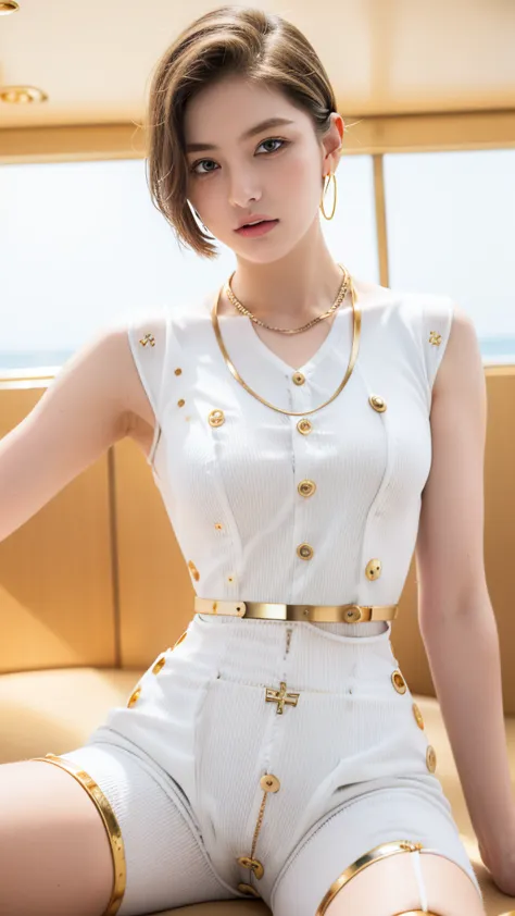 (masterpiece, best quality, beautiful and aesthetic:1.3), 1 Girl, Solitary, (White waist suit、Gold-tone buttons:1.6)，White trous...