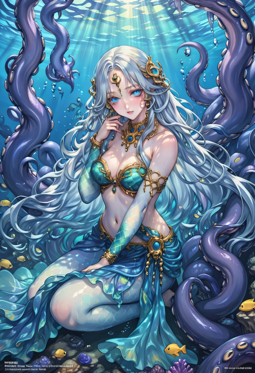 [translucent:opal:0.5], Reflective Transparent Opaque See-through Sarong, squats, Long hair, White long hair，Mermaid, Goddess of the sea, Ocean Goddess，Tentacles, Full face blush, Intricate details, light, excellent quality, Amazing shadows, Detailed description, Official Artwork, wallpaper, Official Art, Extremely detailed eyes and face, Beautiful and delicate eyes, black eyes, ((masterpiece, best quality)), from the side, whole body, Hook of Holland, Umbilical cord，Perfect eyes，Disdainful lookcowboy，shot