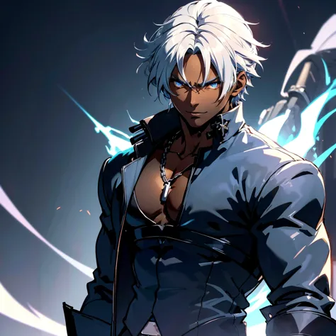 a dark skinned young anime man, side swept silver hair, fiery light blue eyes, producing blue fire out of his fist, wearing a bl...