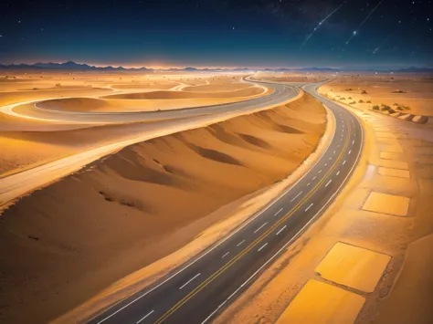 (desert  :1.2),road ,(รถวิ่งบนroad:1.2)  landscape:1.5 ,(Many cars:1.2) ,nighttime 