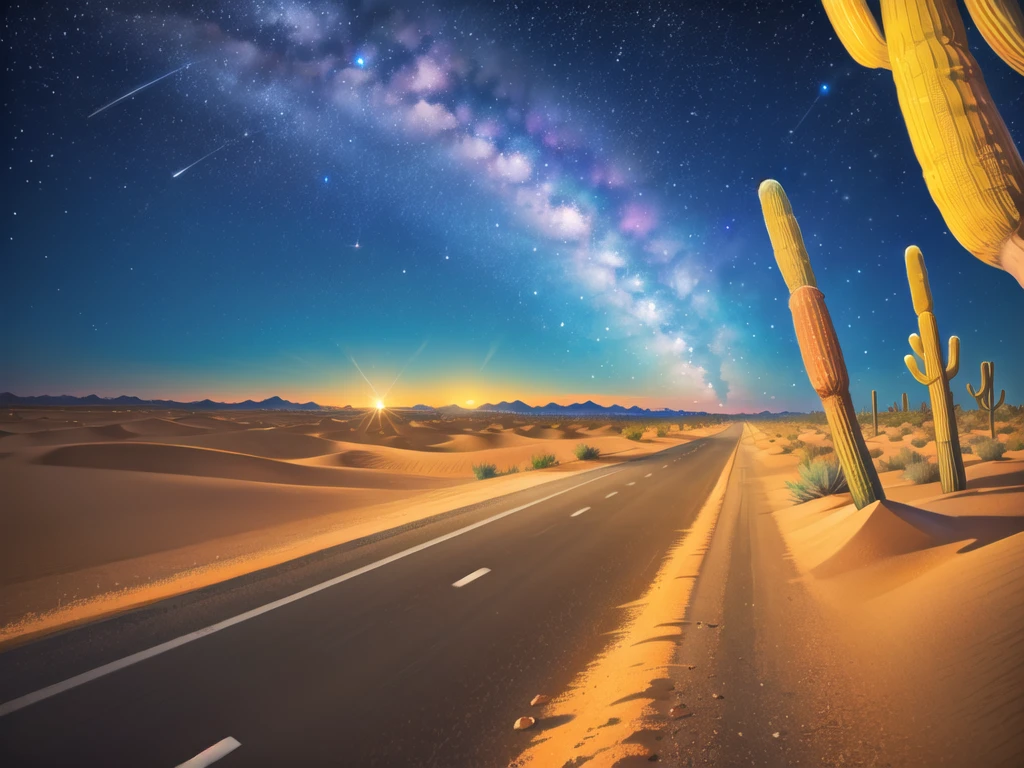 (desert  :1.2),road ,(รถวิ่งบนroad:1.2)  landscape:1.5 ,(Many cars:1.2) ,nighttime 