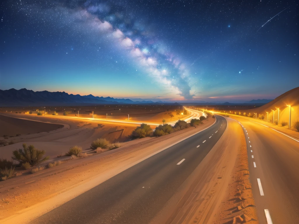 (desert  :1.2),road ,(รถวิ่งบนroad:1.2)  landscape:1.5 ,(Many cars:1.2) ,nighttime 