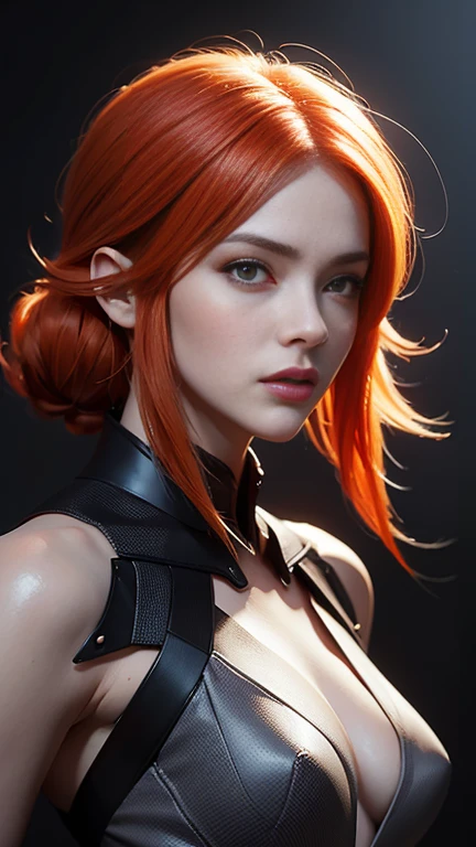 Une belle femme à la peau de porcelaine et aux cheveux orange vif porte un élégant, combinaison high-tech dans une fusion fascinante de teintes gris clair et orange brûlé, évoquant une esthétique de manga cyberpunk futuriste. Des traits de peinture légèrement brossés et des lignes cinétiques dynamisent la composition, tandis que des designs mécaniques complexes et des accents néon embellissent le costume., plonger le spectateur dans un monde de noir high-tech. près, sa charmante, les traits expressifs et le regard captivant nous attirent, sur fond de doux, des bleus dégradés et des violets brumeux qui évoquent un sentiment de mystère et d&#39;attrait.