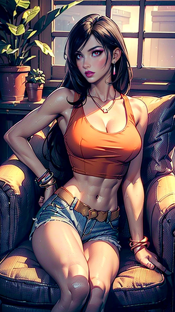 ((1girl, solo ,alone)), ((solo, 1woman, (tifa lockhart, final fantasy vii remake, *see description and examples*,black hair, long hair, red eyes, pink lipstick, woman, lipstick), Extremely detailed, ambient soft lighting, 4k, perfect eyes, a perfect face, perfect lighting, a 1girl)), ((solo, (1woman, lipstick), Extremely detailed, ambient soft lighting, 4k, perfect eyes, a perfect face, perfect lighting, a 1girl)), , ((fitness,, shapely body, athletic body, toned body)), ((orange blouse, denim shorts, living room, sofa, armchair, window, potted plant, bracelets, earrings, necklace))