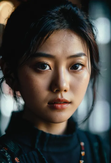 closeup portrait of a beautiful japanese girl focus on eyes dramatic shadow evocative analog film noise, half body portrait, cin...