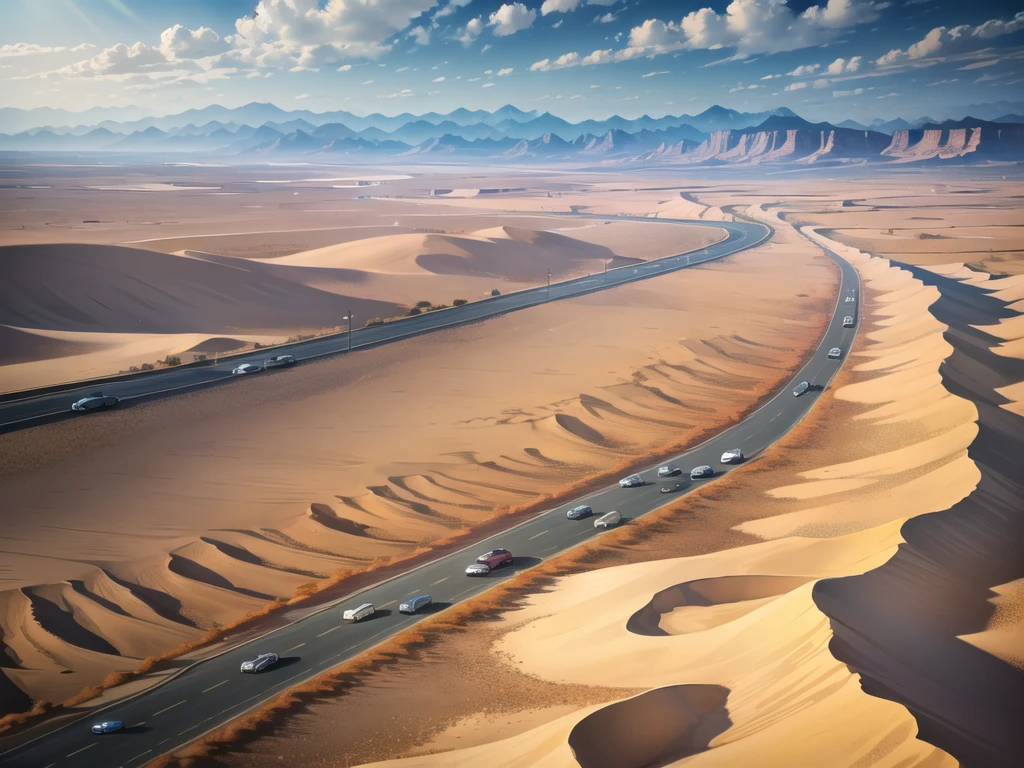 (desert  :1.2),road ,(รถวิ่งบนroad:1.2)  landscape:1.5 ,(Many cars:1.2) ,