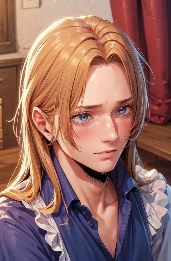 (masterpiece, absurdres, highres, ultra detailed), 1man, wavy blonde hair, adult, blue eyes, ponytail, male focus,handsome face, casual clothes, charming, lovely, detailed eyes and face,