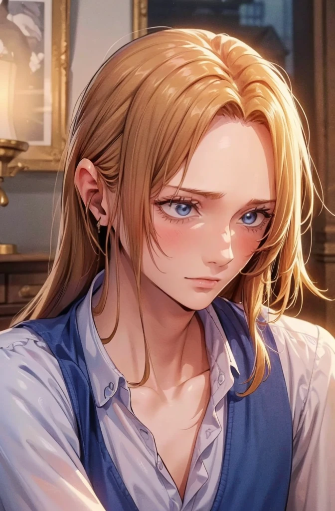 (masterpiece, absurdres, highres, ultra detailed), 1man, wavy blonde hair, adult, blue eyes, ponytail, male focus,handsome face, casual clothes, charming, lovely, detailed eyes and face,