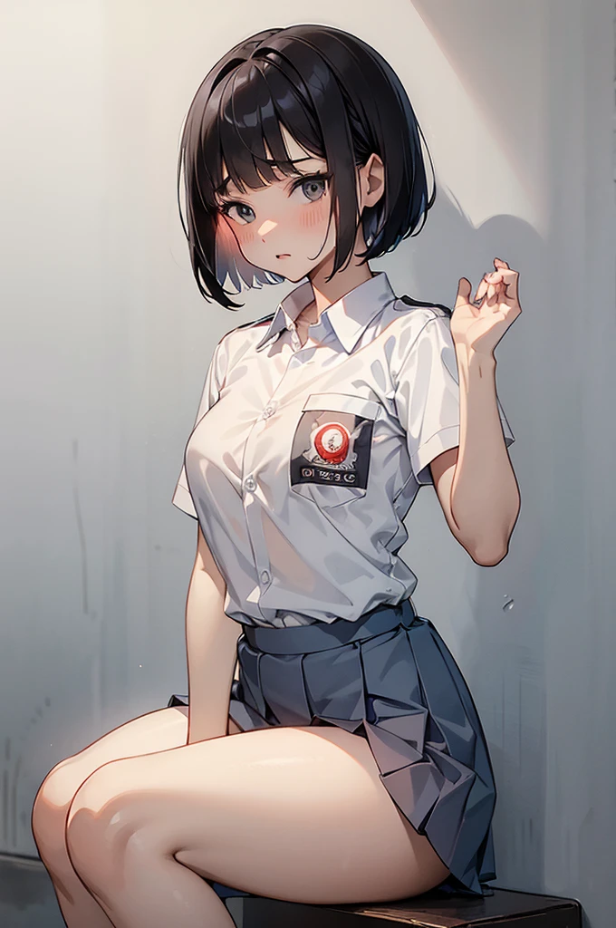 NSFW, 1 woman, 15 years old, ((short wolfcut haircut)), black eyes, Indonesian high-school uniform, white shirt, osis logo on shirt pocket, flat breasts, grey pleated skirt, half-shot, innocent look, hands up, sitting, knees up, white panties, spread legs