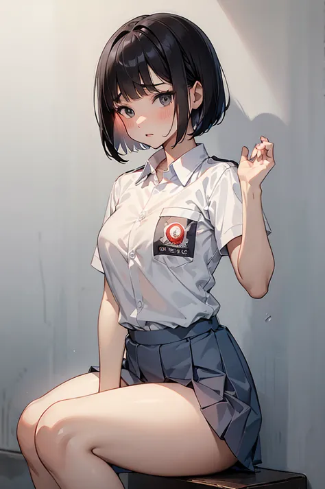 nsfw, 1 woman, 15 years old, ((short wolfcut haircut)), black eyes, indonesian high-school uniform, white shirt, osis logo on sh...