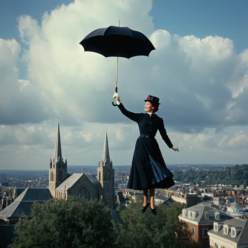 cinematic film still of  In the 1960's a mary poppins woman flying over a city while holding an umbrella with a church in the background,1girl,solo,outdoors,sky,cloud,tree,umbrella,cloudy sky,letterboxed,scenery,wide shot ,realistic,realism, detailed, perfection,perfect,filmic,retro,vintage,classic,different haircut,different look,different style,1960's style , 1960 style, shallow depth of field, vignette, highly detailed, high budget, bokeh, cinemascope, moody, epic, gorgeous, film grain, grainy