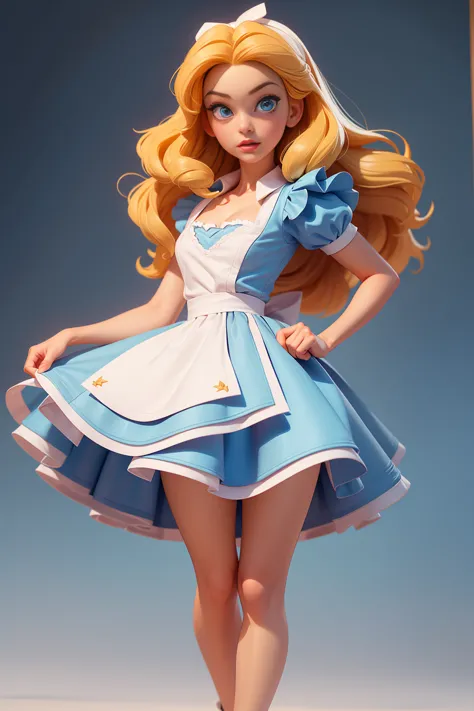 masterpiece, 1girl, solo, make her a sexy alice in wonderland with blonde hair, powder blue dress with white apron, white stocki...