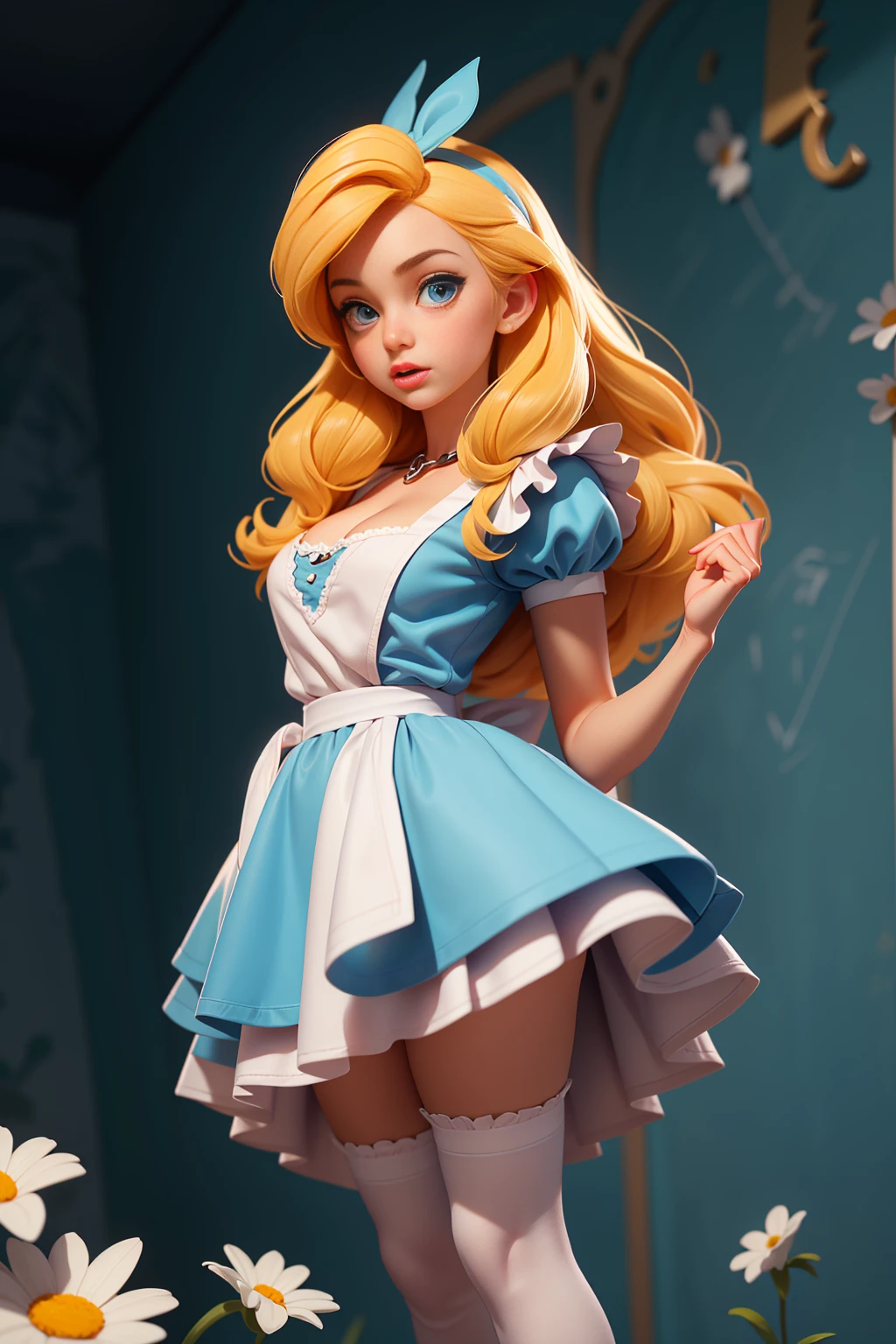 masterpiece, 1girl, solo, make her a sexy Alice in Wonderland with blonde hair, powder blue dress with white apron, white stockings, cleavage, dynamic, ultra high def, 32k, (perfect anatomy:1.5), perfect legs, in the style of Artgerm and Adam Hughes, perfect arms, downblouse, chained up, 