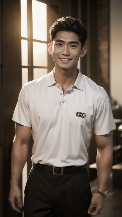 Thai man, short hairstyle, buzz cut, handsome, muscular, big muscles, broad shoulders, model wearing a black polo shirt, standin...