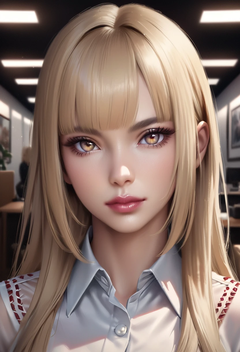 Top quality, (realistic:1.2), one girl, alone, detailed face, face focus, standing, blonde long straight, office lady, ribbon-rimmed sleeves, removable sleeves, ribbon trim, wide sleeves, (View viewers:1.5), bangs, Lips,