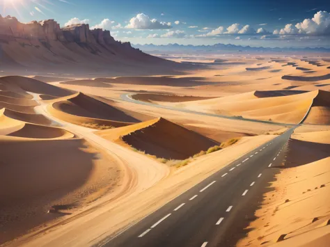 (desert  :1.2),road ,(รถกระบะวิ่งบนroad:1.2)  landscape:1.5