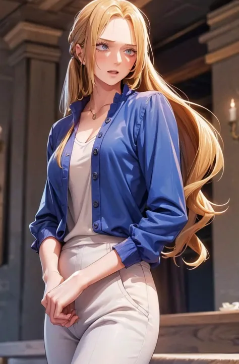 (masterpiece, absurdres, highres, ultra detailed), 1woman, wavy blonde hair, adult, blue eyes, ponytail, male focus,handsome fac...