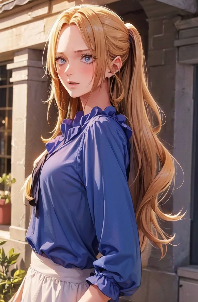 (masterpiece, absurdres, highres, ultra detailed), 1woman, wavy blonde hair, adult, blue eyes, ponytail, male focus,handsome face, casual clothes, charming, lovely, detailed eyes and face,