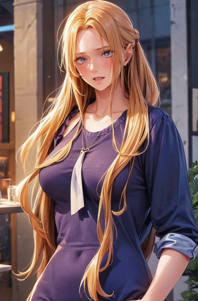 (masterpiece, absurdres, highres, ultra detailed), 1woman, wavy blonde hair, adult, blue eyes, ponytail, male focus,handsome face, casual clothes, charming, lovely, detailed eyes and face,