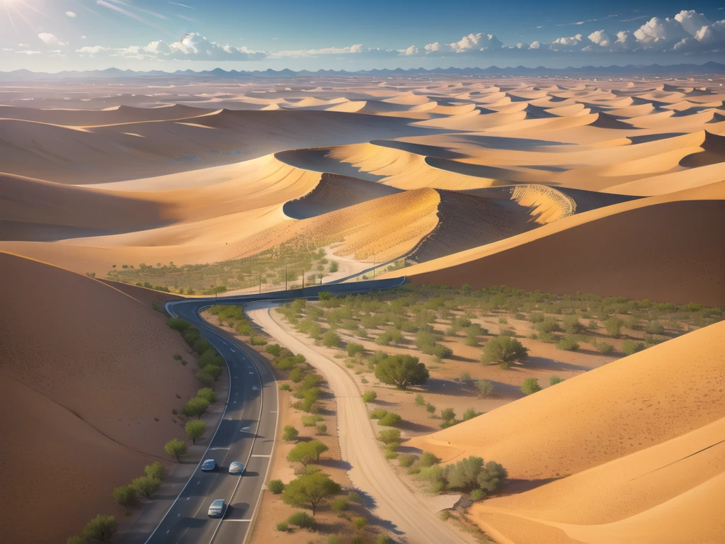 (desert  :1.2),road ,(รถกระบะวิ่งบนroad:1.2),  landscape:1.5