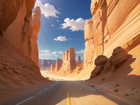(desert  :1.2),road ,(รถกระบะวิ่งบนroad:1.2),  landscape:1.5