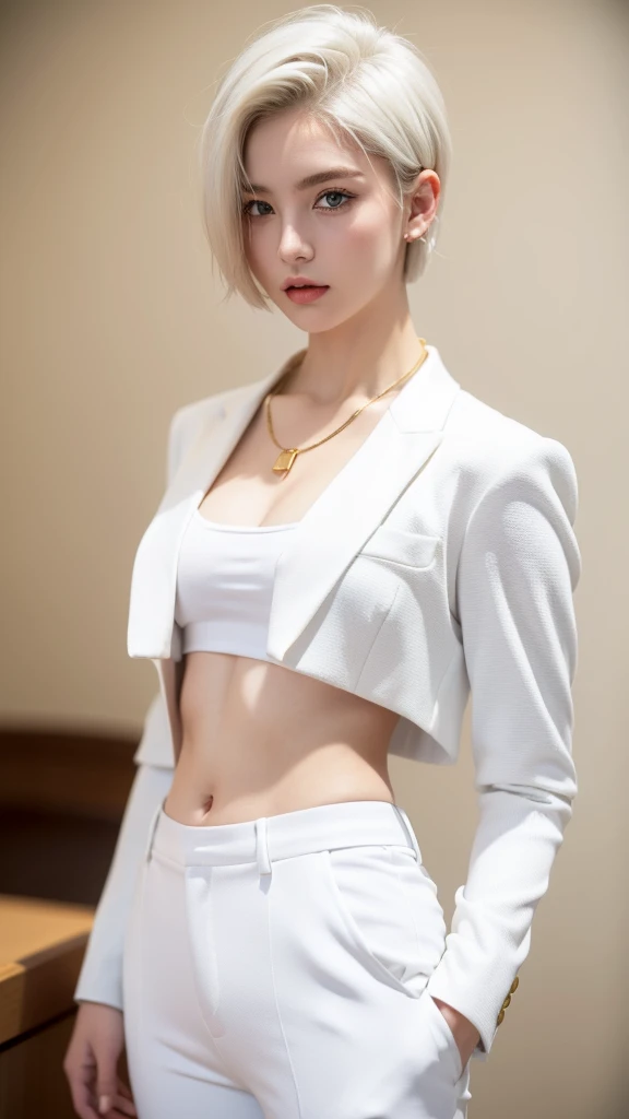 (masterpiece, best quality, beautiful and aesthetic:1.3), 1 Girl, Solitary, (White short hair:1.6), blue eyes, eyelash，(White suit，White trousers:1.4)，Gold-tone buttons，Have abdominal muscles，A faint smile, Model pose, Looking at the audience, Android 18, Hoop Earrings, necklace, On the yacht