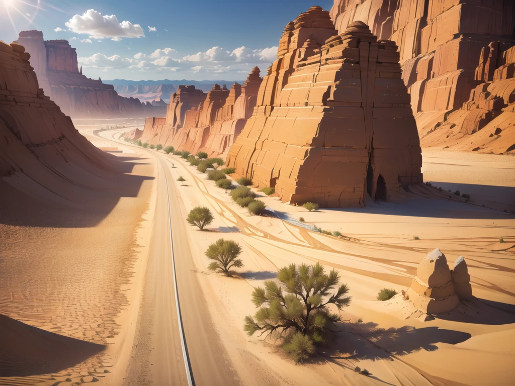 (desert  :1.2),road ,(รถกระบะวิ่งบนroad:1.2),  landscape:1.5