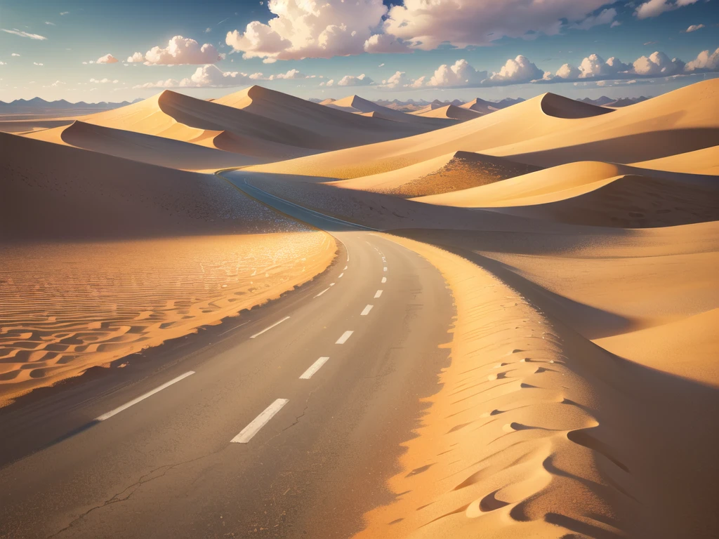 (desert  :1.2),road ,(รถกระบะวิ่งบนroad:1.2),  landscape:1.5