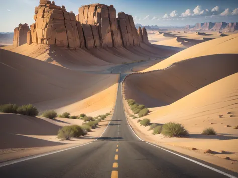 (desert  :1.2),road ,(รถกระบะวิ่งบนroad:1.2),  landscape:1.5