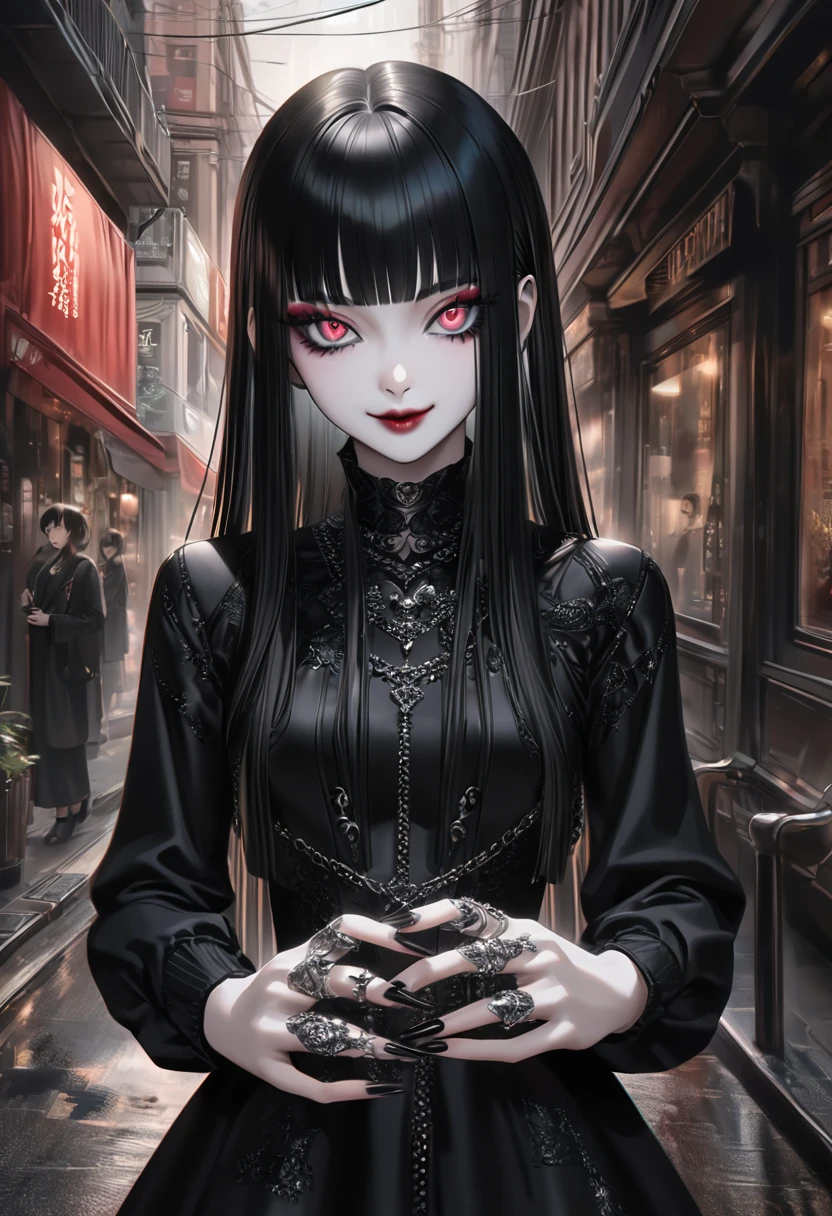 A very cute goth anime girl with gold long straight hair and bangs, wearing rings on her fingers, pale skin, sharp eyes, dark makeup, she has long acrylic nails that have been painted silver, intricate rings on fingers, wearing an all-black outfit, She exudes sophistication and cool. in the style of hyper realistic. fasion style, mysterious smile,
