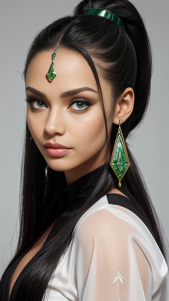 Diamond face shape, green eyes, eyes Egyptian, big lips, lips natural colored, beautiful, long hair, black hair, hair in a ponytail, green rhombus stone in the forehead, thin earrings 