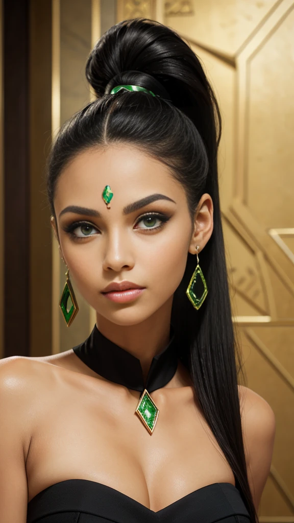 Diamond face shape, green eyes, eyes Egyptian, big lips, lips natural colored, beautiful, long hair, black hair, hair in a ponytail, green rhombus stone in the forehead, thin earrings 