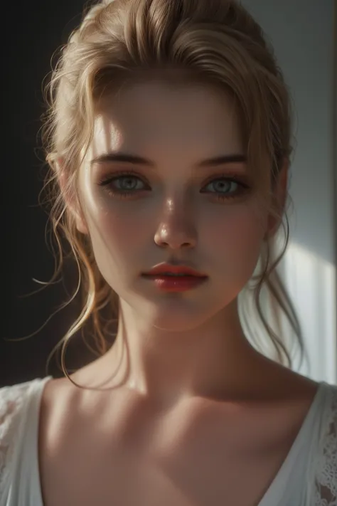Jeune femme, avec des longs cheveux blonds, regarde le spectateur, yeux bleu, regard intense, fille elfique, robe blanche, cheve...
