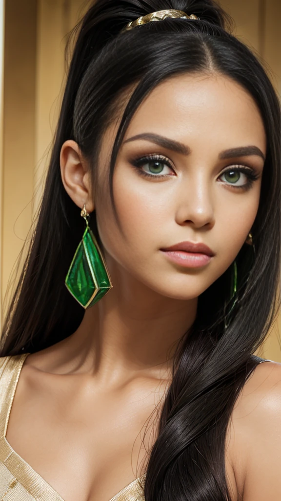 formato de rosto de diamante, olhos verdes, olhos egípcios, labios grandes, lábios de cor natural, lindo, cabelo longo, Cabelo preto, cabelo em rabo de cavalo, pedra de losango verde na testa, brincos finos 