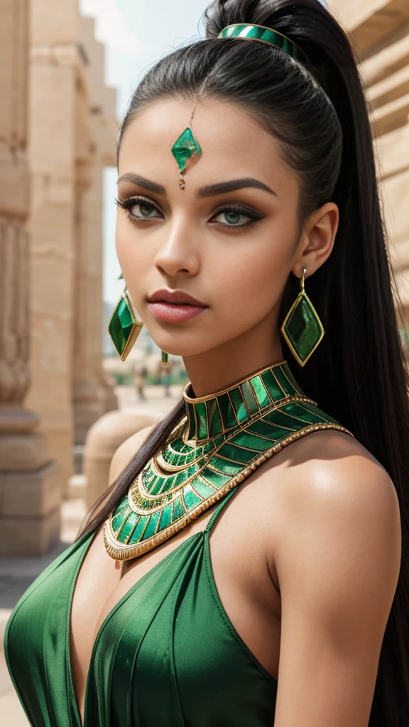 Diamond face shape, green eyes, eyes Egyptian, big lips, lips natural colored, beautiful, long hair, black hair, hair in a ponytail, green rhombus stone in the forehead, thin earrings 