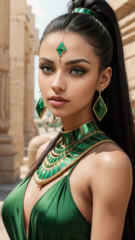 diamond face shape, green eyes, eyes egyptian, big lips, lips natural colored, beautiful, long hair, black hair, hair in a ponyt...