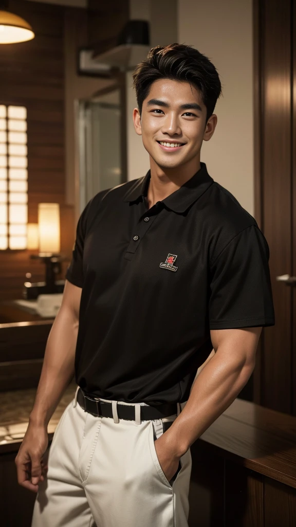 Thai man, Kurze Frisur, Buzz Schnitt, Gutaussehend, muskulös, große Muskeln, breite Schultern, männliches Model trägt ein schwarzes Poloshirt und Jeans, stehen und lächeln.