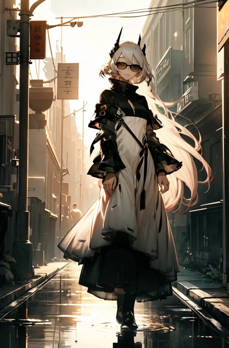 A masterpiece,sunglasses，best quality, Illustration style，Large aperture portrait， Anime Girl, beautiful eyes, summer, Wide leg pants, small, Heartwarming, Youthful and beautiful,,Regular Clothes，Black and white,, showing a natural casual style. Dynamic posture contains the golden ratio, China, White space, Strong contrast between light and shadow, Super texture, Super clear and concise pictures, presenting extremely beautiful, Elegant temperament, subtle facial expressions, City background, rain, Road area water reflection，one person