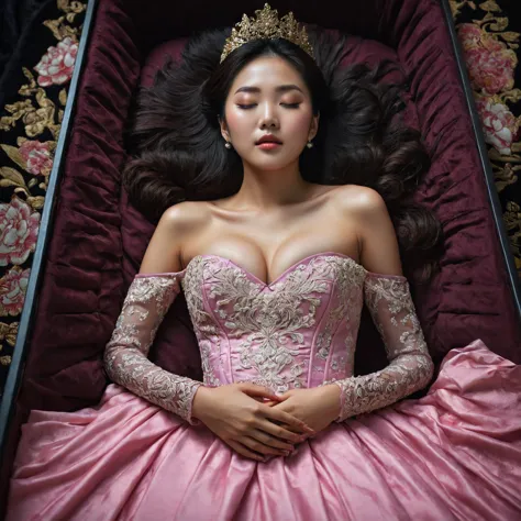 in a striking 8k hdr scene, a stunning korean woman, 22 years old, lies peacefully in a black coffin surrounded by plush pillows...