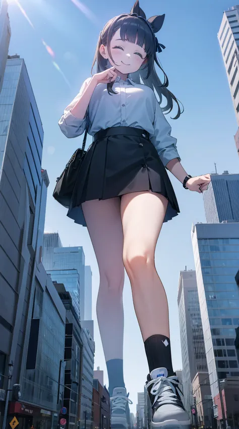 huge girl in sneakers、tall than a building、、mini skirt、black socks、a smile