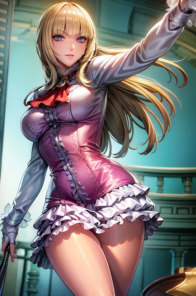 perfect eyes:1.2, detailed eyes:1.4, Emilie T8, blunt bangs, blue eyes, long hair, blonde hair, pink thighhighs, lace-up boots, pink frilled dress, frilled ascot, fingerless gloves, smile, red eyeshadow:1.2, makeup:1.2, cowboy shot, 1girl, solo, (masterpiece:1.6, best quality), 8k, insane details, intricate details, hyperdetailed, hyper quality, high detail, ultra detailed, professional, HDR, ray tracing reflection, cinematic lighting,
