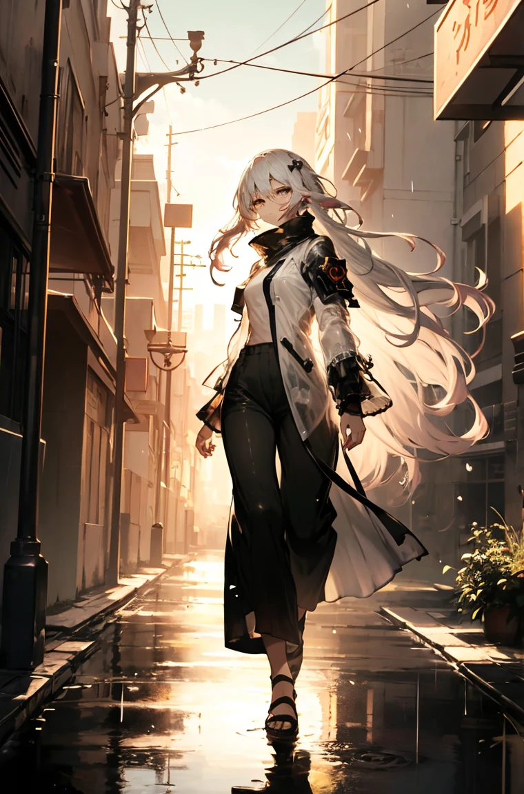 A masterpiece,White shirt，best quality, Illustration style，Large aperture portrait， Anime Girl, beautiful eyes, summer, Wide leg pants, small, Heartwarming, Youthful and beautiful,,Regular Clothes，Black and white,, showing a natural casual style. Dynamic posture contains the golden ratio, China, White space, Strong contrast between light and shadow, Super texture, Super clear and concise pictures, presenting extremely beautiful, Elegant temperament, subtle facial expressions, City background, rain, Road area water reflection，one person