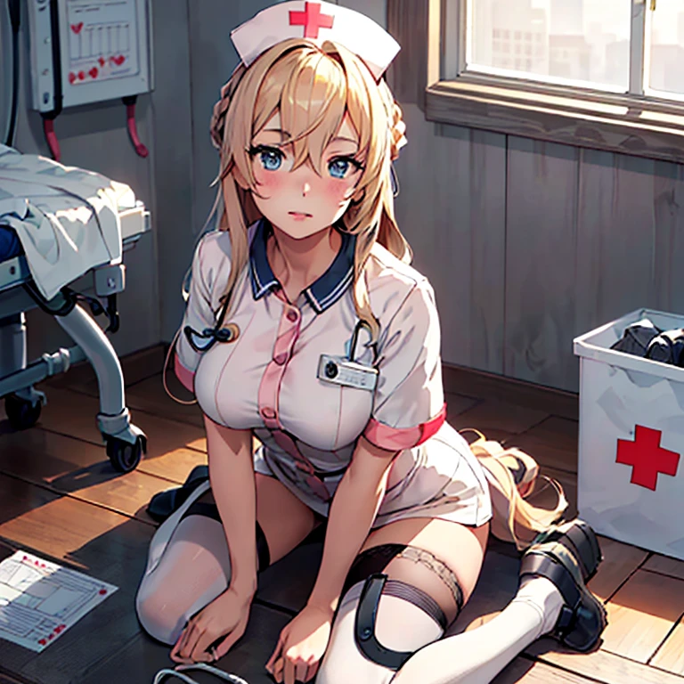 warspite_kantaicollection,(masterpiece:1.4),(best quality:1.4), (amazing), (great illustration:1.4), (ultra-detailed:1.4), (art CG, 8K),(blush:1.4), full body,sitting open leg,(nurse cosplay:1.4),