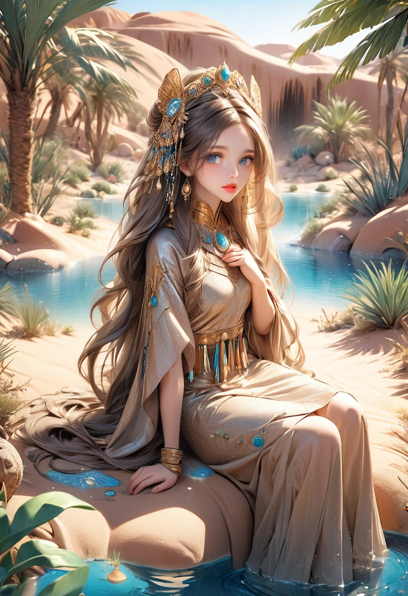 a cute desert princess, sitting down in a small oasis in the desert, combing hair with both hands:1.5, national costume of desert people, desert creatures watching around her, detailed face, beautiful eyes, long eyelashes, detailed lips, intricate jewelry, flowing hair, shimmering water, lush desert foliage, warm desert lighting, desert and oasis landscape back ground, soft pastel colors, cinematic composition, photorealistic, 8k, high quality, digital art